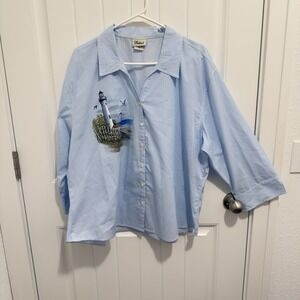Distinct Women's White Blue Stripe Button Up Blouse Lighthouse Graphic Size 1X‎